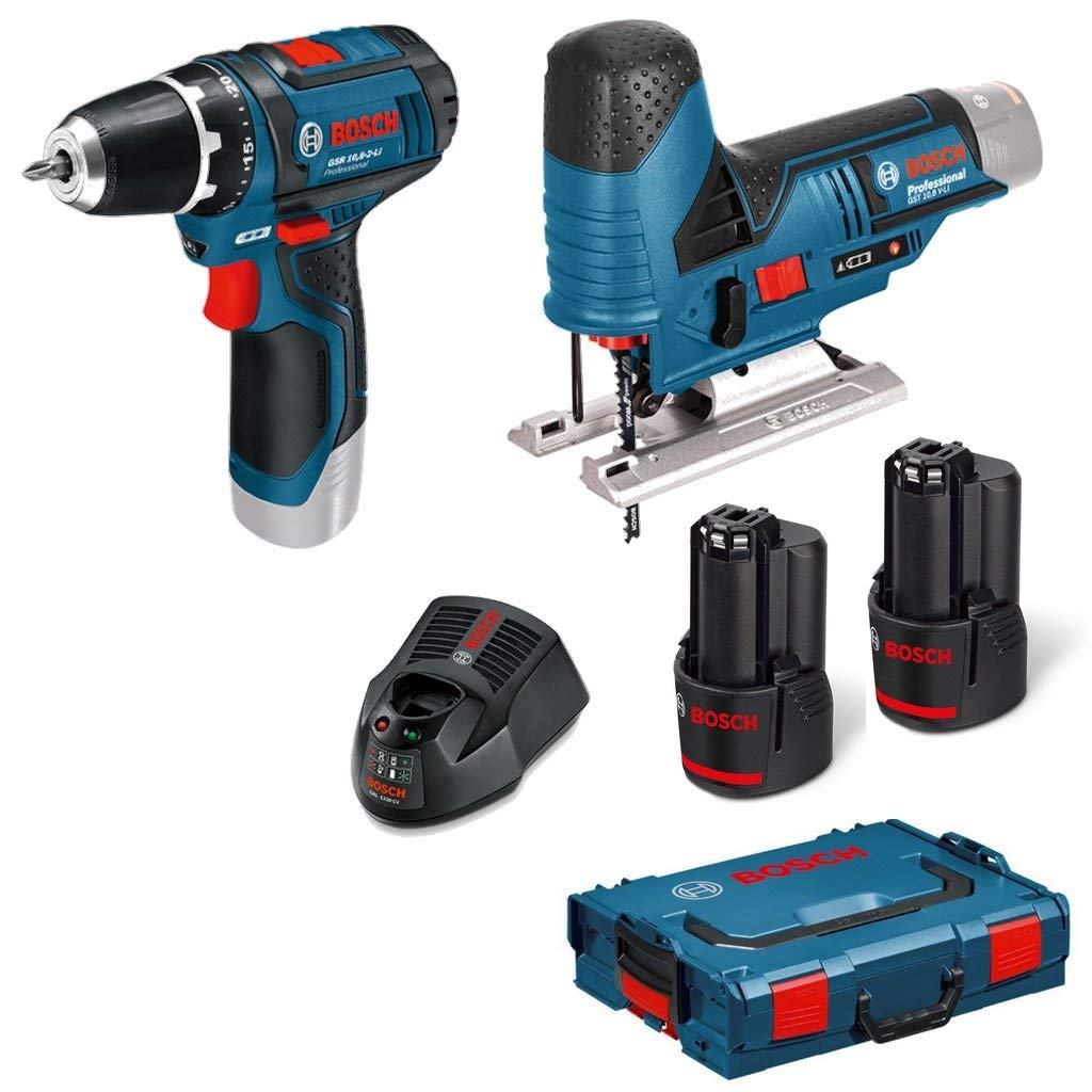 BOSCH 0615990G08 Akkuschrauber GSR 10,8 V-Li + Akku Stichsäge GST 10,8 V-LI + 2x 2,0 Ah
