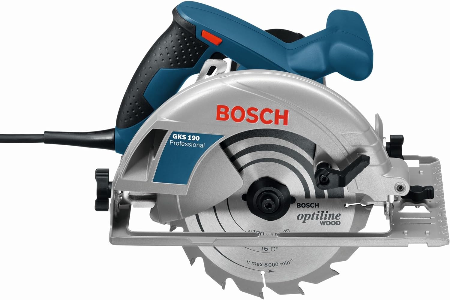 Bosch Professional Handkreissäge GKS 190 (mit 1 Sägeblatt 190 mm, 70 mm Schnitttiefe, 1,400 W) blau, 0601623000
